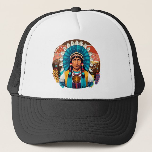 Native American Chief Powerful Portrait Trucker Hat (Front)