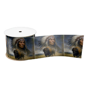 Native American Chief with Charging Buffalo Satin Ribbon