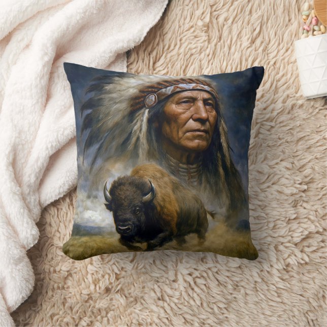 Native American Chief with Charging Buffalo Throw Pillow (Blanket)