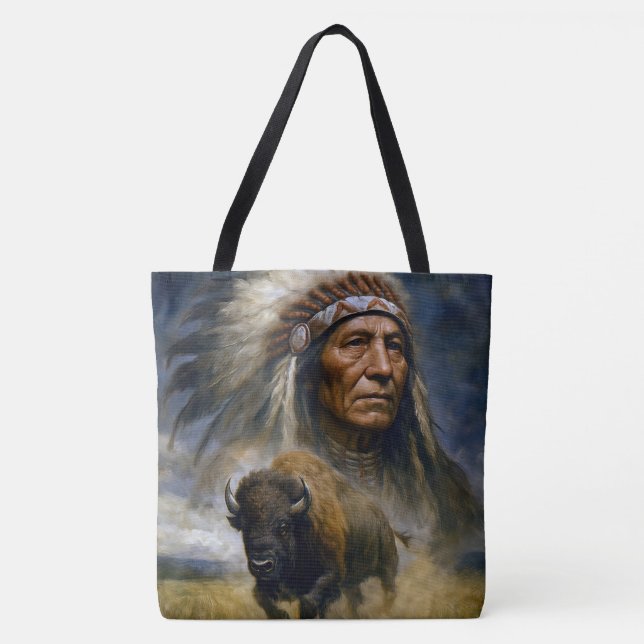 Native American Chief with Charging Buffalo Tote Bag (Front)
