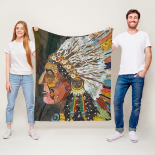 Native American Colourful Headdress Chief Fleece Blanket