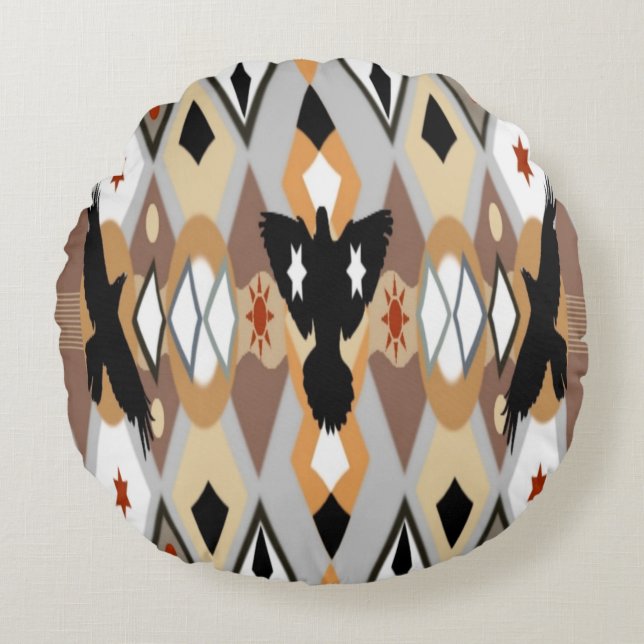 Native American Crow Round Pillow (Front)