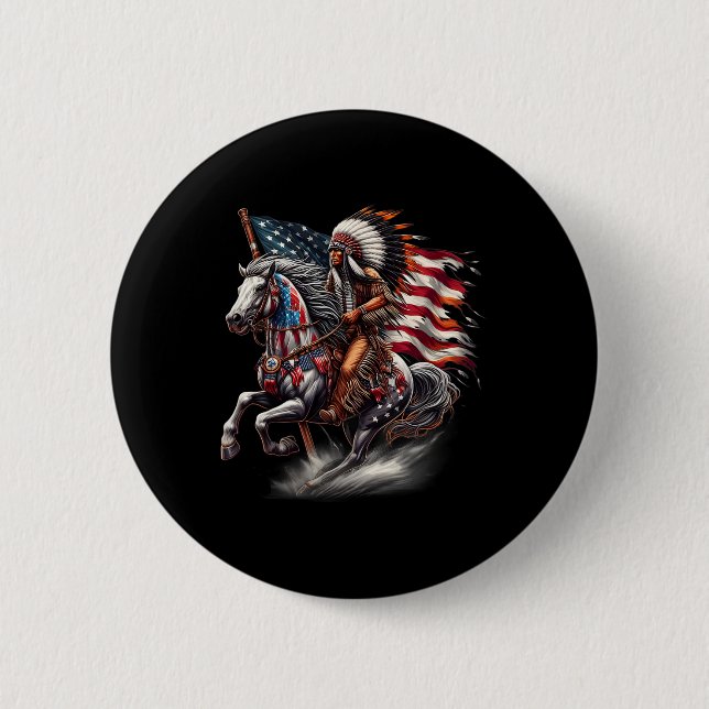 Native American Day Flag Indian Riding Horse 4th O 2 Inch Round Button (Front)