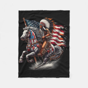 Native American Day Flag Indian Riding Horse 4th O Fleece Blanket