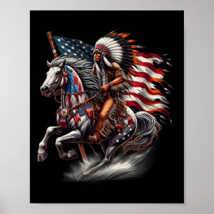 Native American Day Flag Indian Riding Horse 4th O Poster