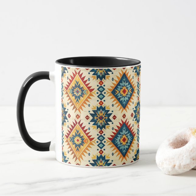 Native American Design-Shades of Blue Rust Orange Mug (With Donut)