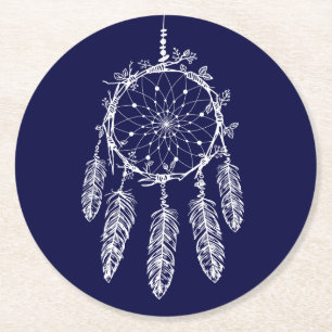 Native American Dream Catcher Navy Blue Wedding Round Paper Coaster