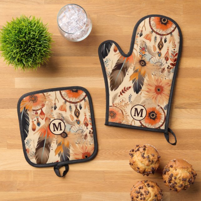 Native American Dreamcatcher Pattern Monogram Oven Mitt & Pot Holder Set (Top Down)