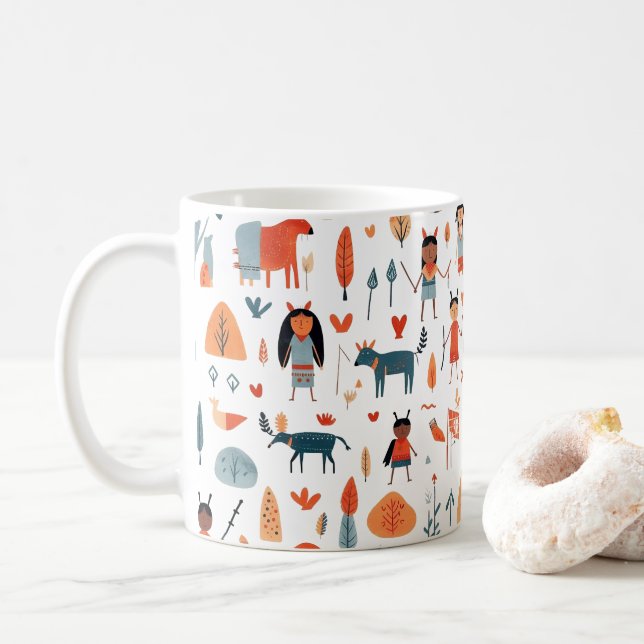 Native American Ethnic Art Tribe children boho Coffee Mug (With Donut)