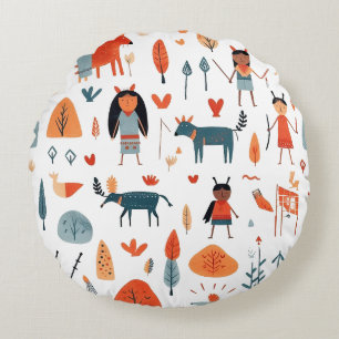 Native American Ethnic Art Tribe children boho Round Pillow