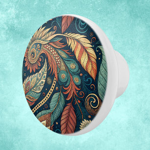 Native American Feather Swirl Terra Cotta Teal Ceramic Knob