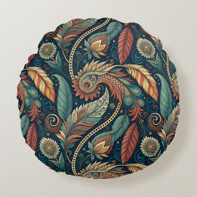 Native American Feather Swirl Terra Cotta Teal Round Pillow (Front)