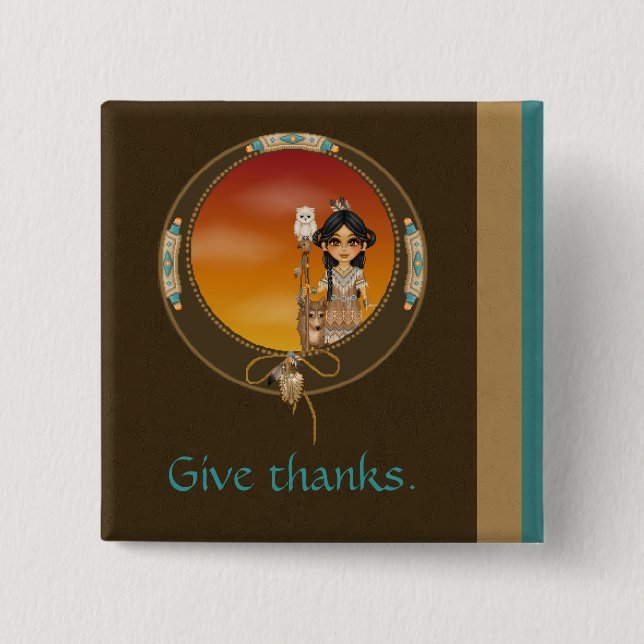 Native American Girl 2 Inch Square Button (Front)
