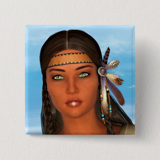 Native American Girl 2 Inch Square Button (Front)
