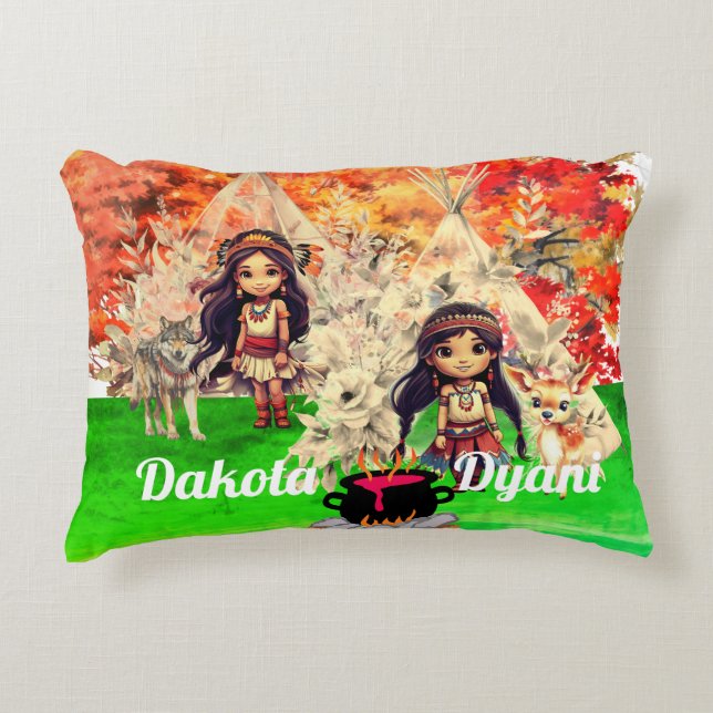 Native American girl with woodland animals Accent Pillow (Front)