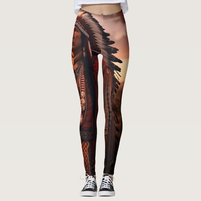 Native American Indian Chief on Customized Modern Leggings (Front)
