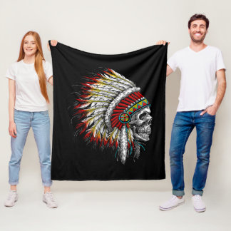 Native American Indian Chief Skull Motorcycle Fleece Blanket