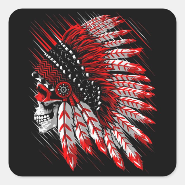 Native American Indian Chief Skull Motorcycle Head Square Sticker (Front)