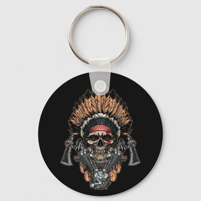 Native American Indian Chief Skull Motorcycle Keychain (Front)