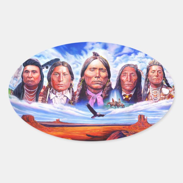 Native American Indian Chiefs Illustration Artwork Oval Sticker (Front)