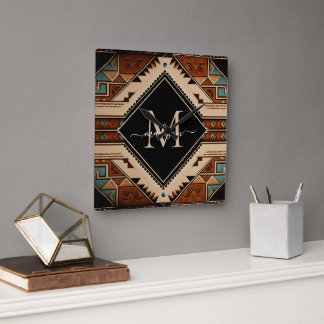 Native American Indian Culture Boho Style Monogram Square Wall Clock