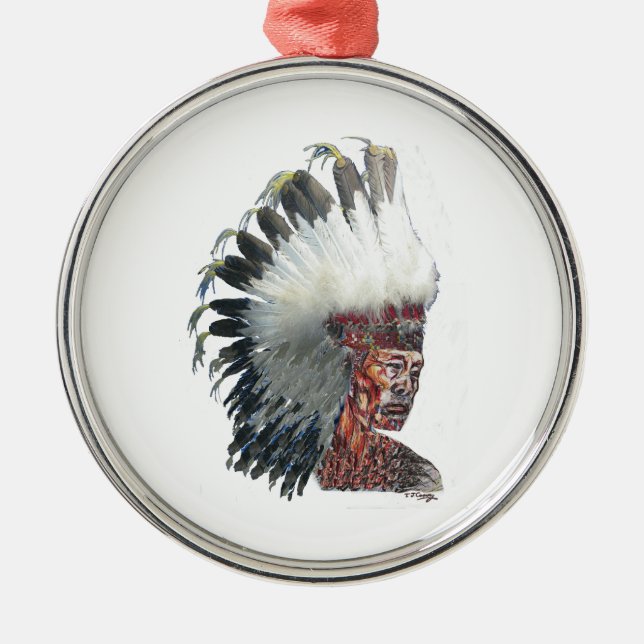 Native American Indian in Headdress Metal Ornament (Front)