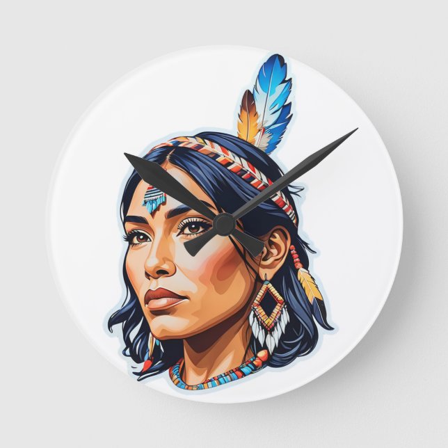 Native American Indian Lady Round Clock (Front)