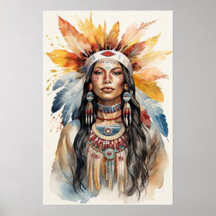 Native American Indian Princess Watercolor Art Poster
