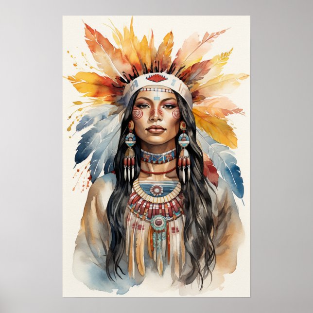 Native American Indian Princess Watercolor Art Poster (Front)