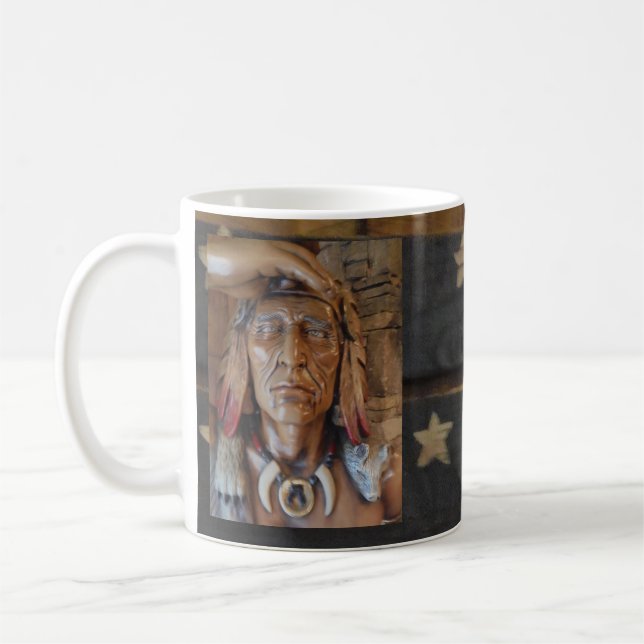 Native American Indian sculpture with fox feathers Coffee Mug (Left)