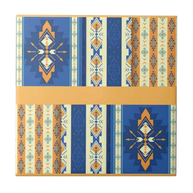 Native American Indian Tribal Blue Yellow Tile (Front)