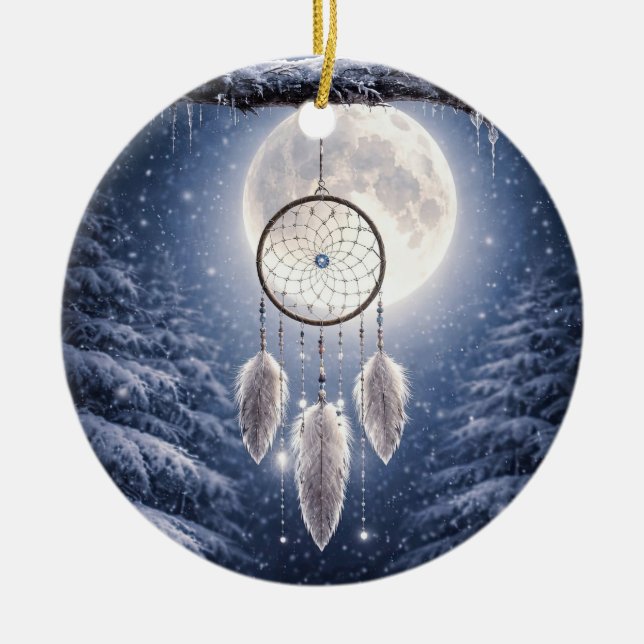 Native American Inspired Dreamcatcher Moon Winter Ceramic Ornament (Front)