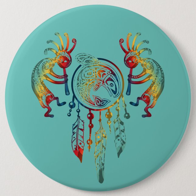 Native American Kokopelli Whale Dreamcatcher 1 6 Inch Round Button (Front)