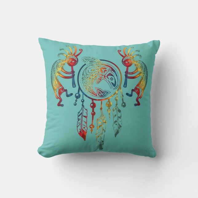 Native American Kokopelli Whale Dreamcatcher 1 Throw Pillow (Front)