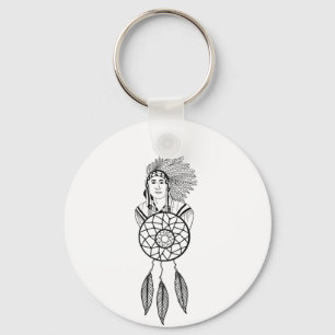 Native American Man Indian Chief Dream catcher art Keychain