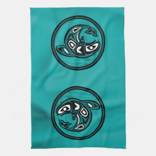 Native American Orca Whale, turquoise Kitchen Towel