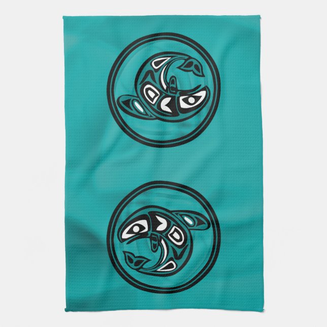 Native American Orca Whale, turquoise Kitchen Towel (Vertical)
