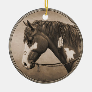 Native American Pinto War Horse in Sepia Ceramic Ornament