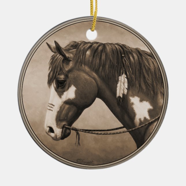 Native American Pinto War Horse in Sepia Ceramic Ornament (Front)