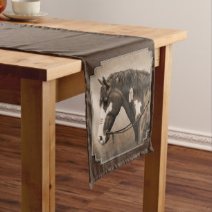 Native American Pinto War Horse in Sepia Medium Table Runner