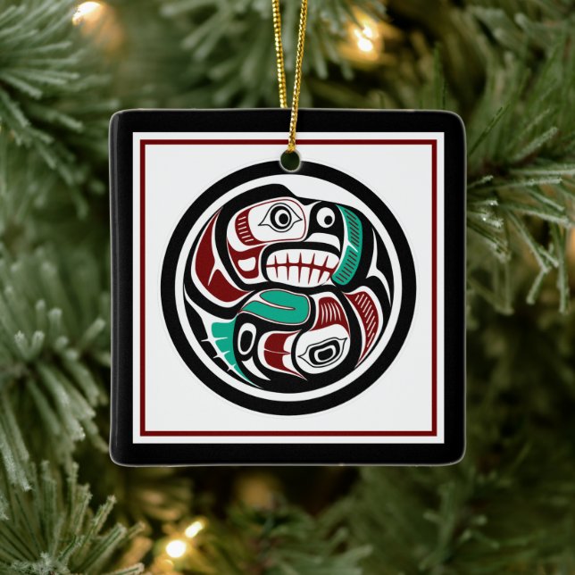 Native American Red Black Art Otter Salmon Ceramic Ornament (Tree)