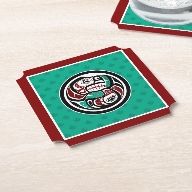 Native American Red Black Art Otter Salmon Paper Coaster (Angled)