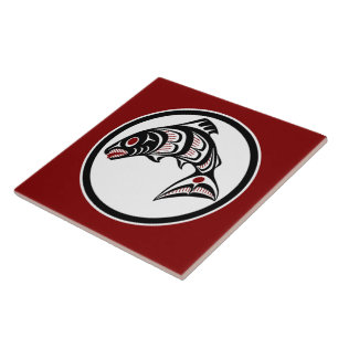 Native American Red Black Art Vector Salmon Tile
