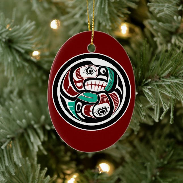 Native American Red Black Green Art Otter Salmon Ceramic Ornament (Tree)