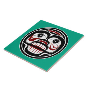 Native American Red Black Green Art Weeping Skull Tile