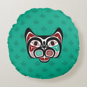 Native American Red Black Green Haida Art Kitty Round Pillow