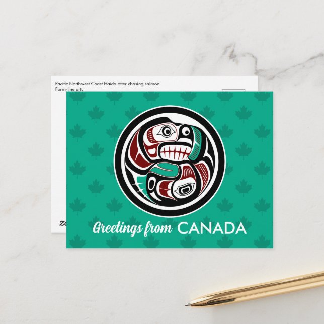 Native American Red Black Haida Art Otter Salmon Postcard (Front/Back In Situ)