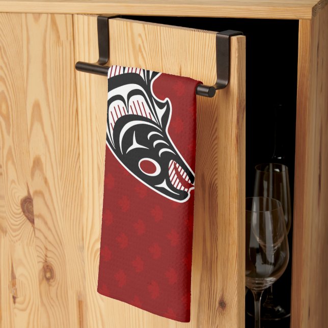 Native American Red Black Haida Art Salmon Kitchen Towel (Thirds Fold)
