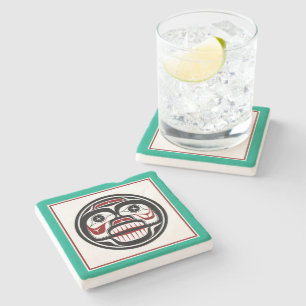 Native American Red Black Haida Art Weeping Skull Stone Coaster