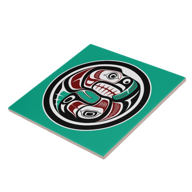 Native American Red Black Vector Art Otter Salmon Tile (Side)